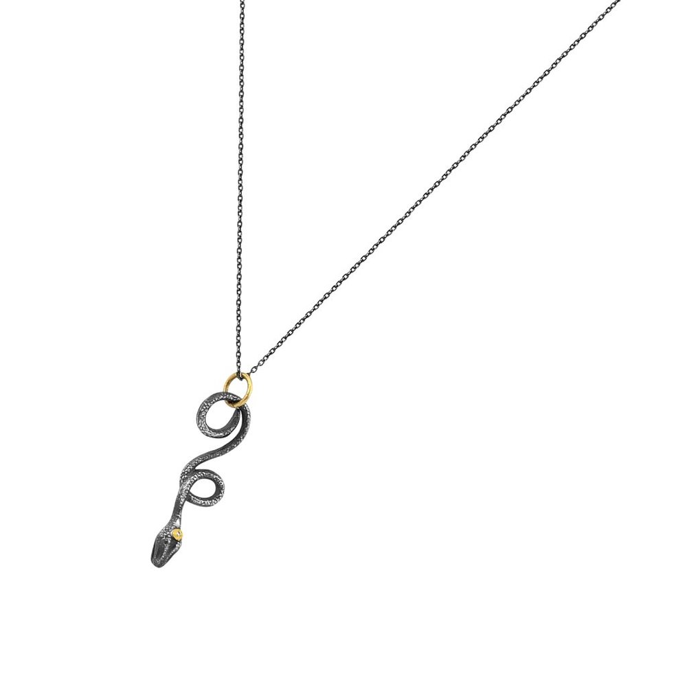 0.01ct Dia. 925 Silver & 24K Gold Snake Necklace - Picture 2 of 6